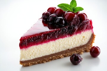 Decadent berry cheesecake slice glistening glaze creamy filling chocolate crust perfect dessert