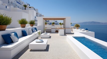 Obraz premium Stunning Whitewashed Terrace with Plunge Pool Mediterranean Sea View Luxury Villa