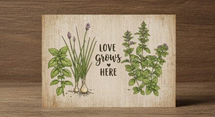This wooden sign shows illustrated herbs and a message of love over a wooden surface.