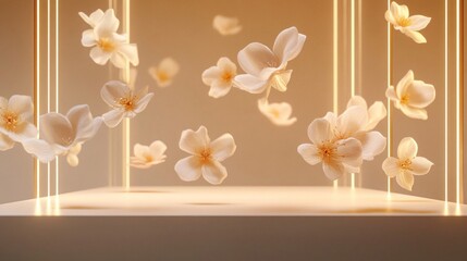 Floating White Blossoms in Illuminated Glass Cube