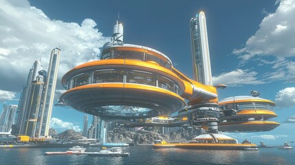 A massive floating research station orbiting a futuristic urban planet.