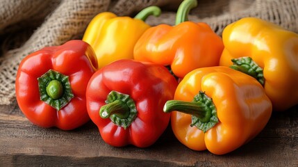 Vibrant colorful bell peppers on a rustic wooden surface