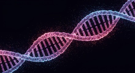 Stunning Visual Representation of DNA Double Helix Structure Glowing in Pink and Blue Hues against a Dark Background