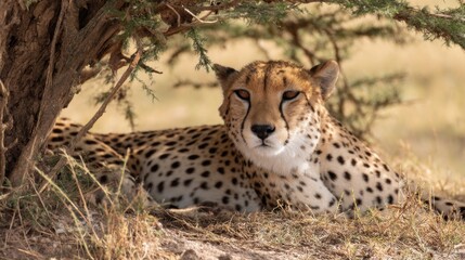 Naklejka premium Cheetah Resting Under Tree Shade in African Savannah