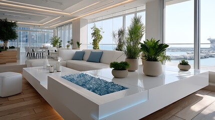 Fototapeta premium Modern Luxury Apartment Living Room with Ocean View White Sofa and Bio Ethanol Fireplace