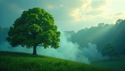 Obraz premium Trees with lush green foliage surrounding a smoke-filled air, with gentle mist falling over them, forest, health