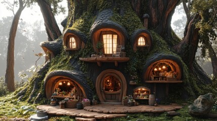 Enchanting treehouse nestled in mossy woodlands