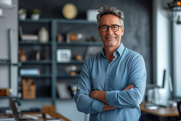 Fototapeta premium AI generated image of confident, proud middle aged CEO standing in his office, showcasing advancements in technology 