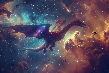 Fototapeta premium Silhouetted Space Dragon Gliding Through Nebula Skies 