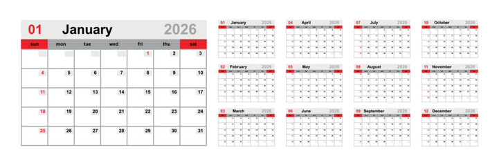 A set of calendar templates for each month for 2026. A minimalist wall calendar. The week starts on Sunday.