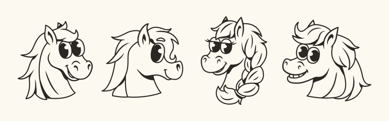 Cartoon pony heads collection in black outline