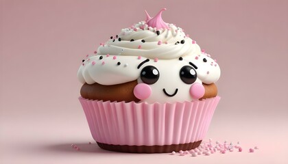A charming cupcake with a smiling face, decorated with white frosting and pink sprinkles.