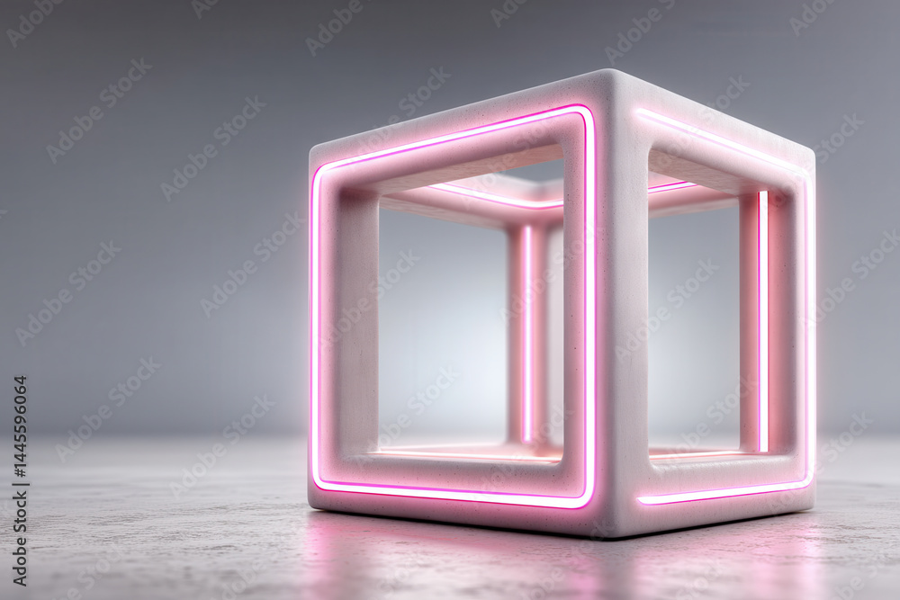 Poster cloud medical data network visualization concept. neon light cube with glowing pink lines concrete f