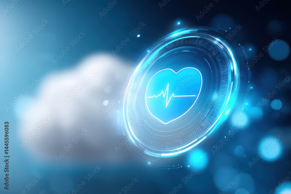 Poster cloud network medical data visualization with heart pulse symbol glowing
