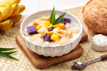 Kolak is a native Indonesian food made from bananas or sweet potatoes boiled with coconut milk and palm sugar.