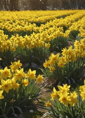 Obraz premium Sunlit field of vibrant yellow daffodils, petals gleaming , beauty, vibrant, natural