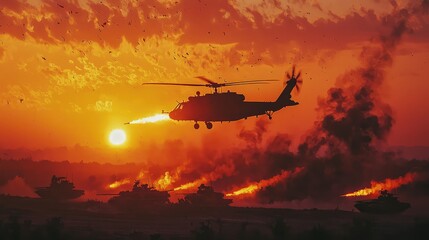 A military helicopter releasing flares over a convoy of tanks during a sunset air raid.