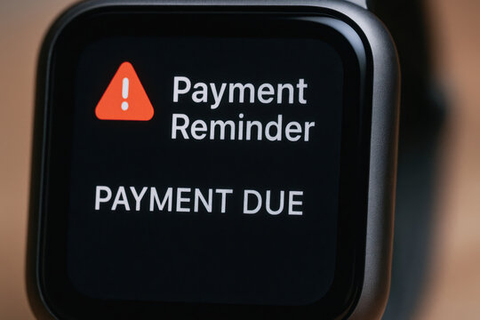 Payment reminder alert on smartwatch warns of payment due which may lead to eviction or debt if ignored causing stress and urgency