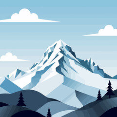 Snowy Mountain Landscape_Vector Illustration of Winter Scenery_Blue Tones_Pine Trees and Clouds_Nature Background_Minimalist Style_Perfect for Wall Art or Design Projects_