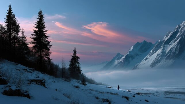 Solitary hiker walking through snowy mountain valley at dawn with towering peaks and colorful sky