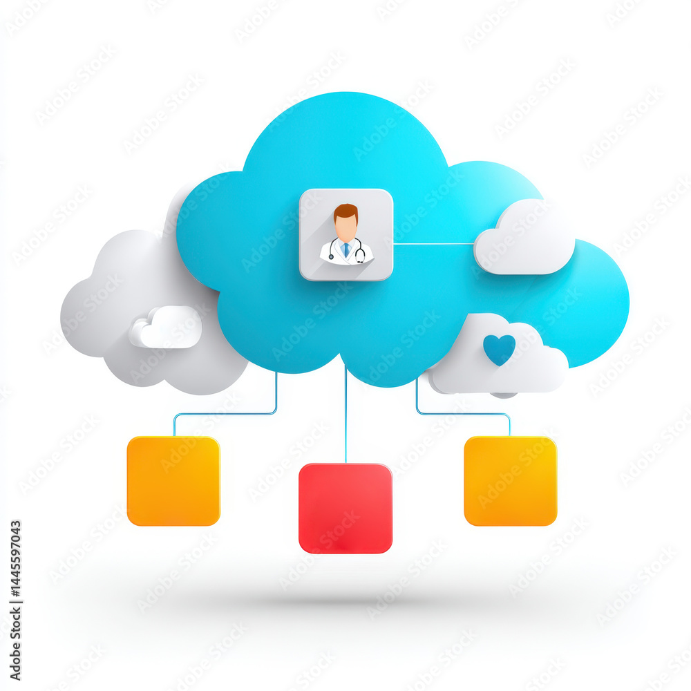 Poster cloud medical data network visualization with doctor icon and colorful blocks