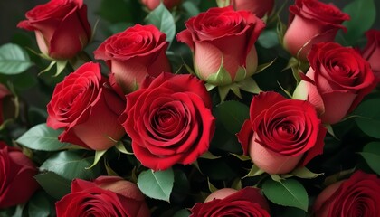 Obraz premium A captivating close-up of a bouquet featuring beautiful, vibrant red roses in full bloom.