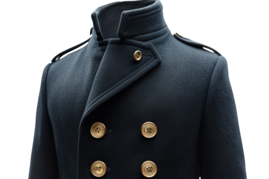 Stylish navy peacoat with gold buttons classic military inspired design detailed craftsmanship