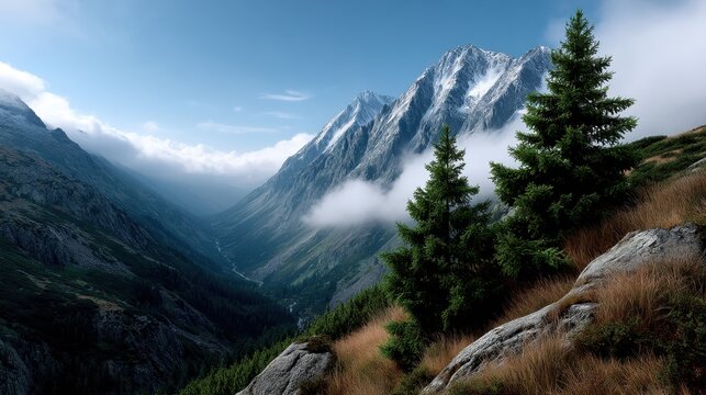 Majestic snow-capped mountain peaks overlooking a lush green valley with pine trees and clouds in the sky