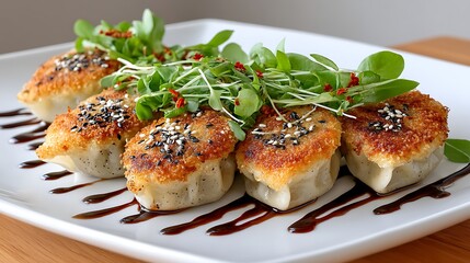 Crispy Pan Fried Dumplings with Sesame Seeds Microgreens and Soy Glaze