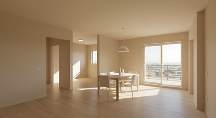 Obraz premium Elegant Dining Area in Contemporary Apartment Table and Chairs in Spacious Panorama