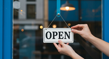 Store owner hangs open sign on the door to welcome customers during morning hours in a busy neighborhood