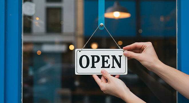 Store owner hangs open sign on the door to welcome customers during morning hours in a busy neighborhood