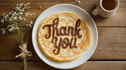 Sweet Gratitude heartwarming scene unfolds as a stack of pancakes artfully spells out "Thank You", complemented by a cup of coffee and delicate flowers.