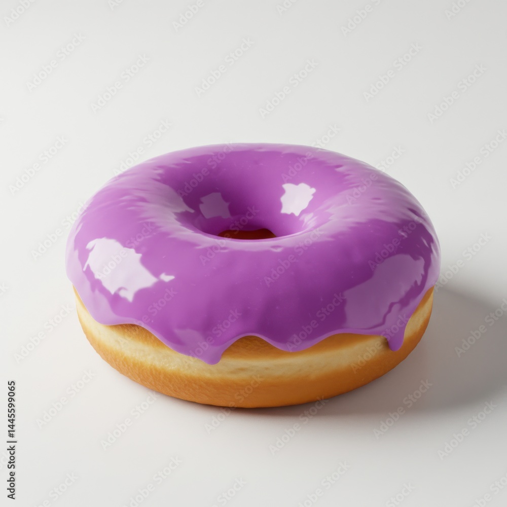 Poster a single donut with purple icing sitting on a white surface in a studio setting with soft lighting