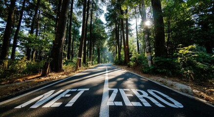 A sunlit road through a dense forest with "NET ZERO" painted on the pavement, symbolizing sustainability and environmental goals, Net Zero Emissions .