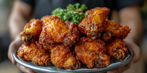 Chef presenting a plate of delicious crispy golden fried chicken wings, garnished with fresh parsley