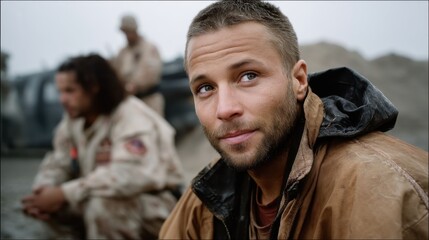 Close-up of smiling soldier in a desert camouflage uniform resting on the battlefield with blurred soldiers in background