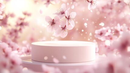 Pink Cherry Blossoms Falling on a Round Podium