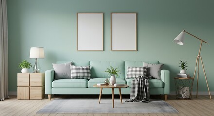Elegant Living Room with Mint Sofa and Modern Wooden Accents