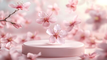 Pink Cherry Blossoms Floating Above a Round Platform