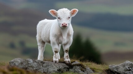 Obraz premium Adorable white calf on rocks