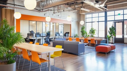 A modern co-working office space with communal tables, personal workstations, and bright, inviting colors that stimulate creativity.
