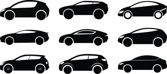 Side view black car silhouettes. Modern and classic vehicles. Sedan and coupe icon pack. Sleek cars for graphic design, web, and print projects. Black and white flat motor design.