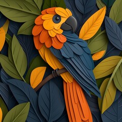 Fototapeta premium Layered Paper Art Parrot in Lush Foliage