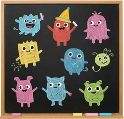 Obraz premium Colorful Chalk Monsters on Blackboard, Funny Chalkboard Creatures