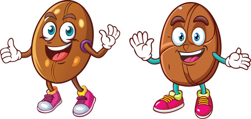 Cute Coffee Bean Mascot Characters. Fun Cartoon Vector Set