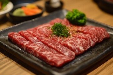 Fototapeta premium Thinly sliced wagyu beef, beautifully arranged on a black plate, showcases the exquisite marbling texture, ready for grilling
