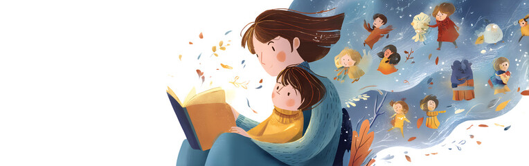 Mother reading a storybook to her child, illustrated characters floating around them, cozy atmosphere with warm colors, isolated on white background