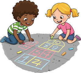 Kids Drawing Hopscotch with Chalk Illustration