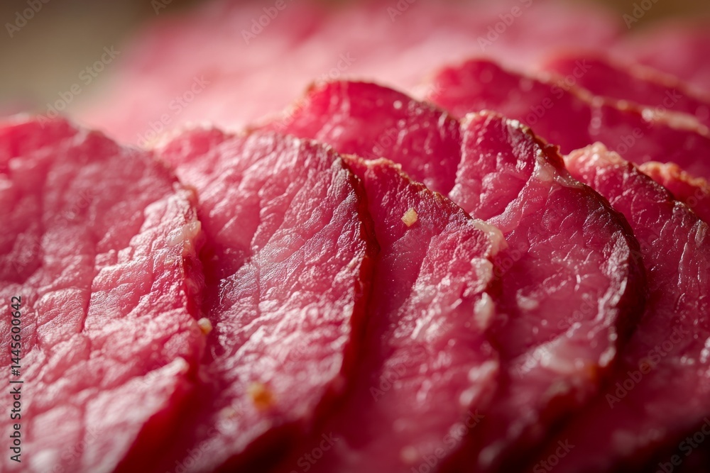 Poster thin slices of seasoned beef overlapping, displaying a captivating pattern of reddish-pink meat fibe